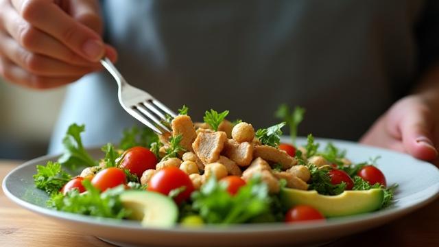 Person enjoying a colorful, healthy salad mindfully.