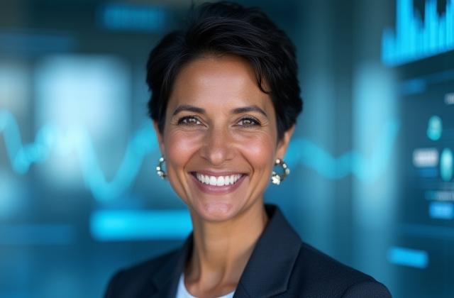 Professional headshot of Dr. Emily Carter, a smiling woman in her late 40s with a modern tech background, exuding expertise and approachability.