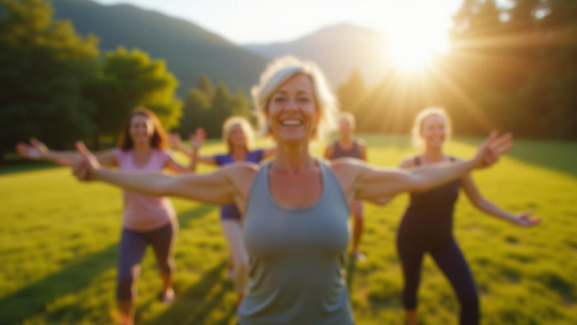 Diverse group of adults (40s-50s) enjoying an outdoor yoga session in a lush park, bathed in warm morning light, symbolizing active and healthy living.